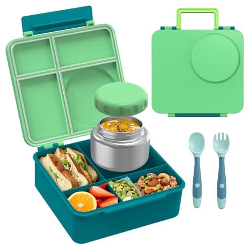 Bento Lunch Box Set for Kids with 8oz Soup Thermo, Leak-Proof Lunch Containers with 4 Compartment, Thermo Hot Insulated Food Jar and Foldable Fork Spoon, for Kids to School (Greener) - Image 1