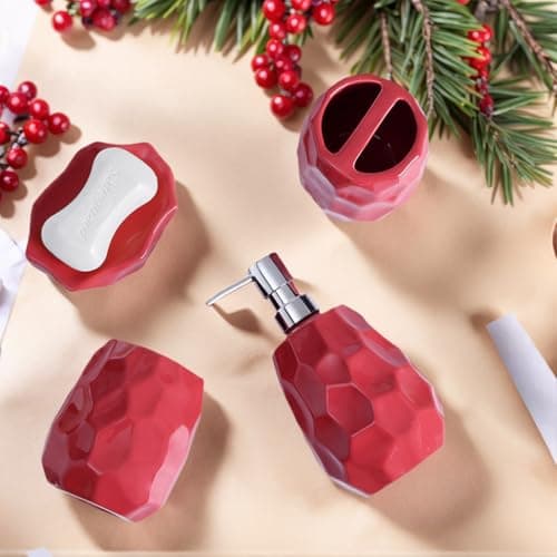 Ceramic Bathroom Accessories Set 4 PCS,Bathroom Toothbrush Holder Set,Soap and Toothbrush Holder Set,Include Toothbrush Holder,Soap Dispenser,Tumbler,Soap Dish,Bathroom Sets Decor Organizer (Red) - Thumbnail 6
