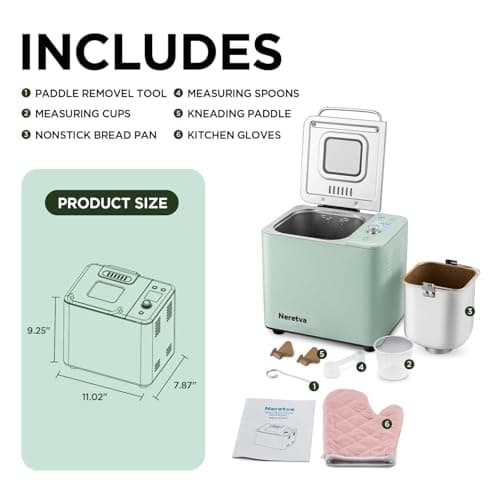 Neretva Bread Maker, 20-in-1 2LB Bread Machine Dual Heater & Nonstick Ceramic Pan Bread Makers Machine All Metal Compact for Gluten Free/Dough Maker/Meat Floss/Jam/Yogurt/Breadmaker Recipe-Light Green - Thumbnail 6
