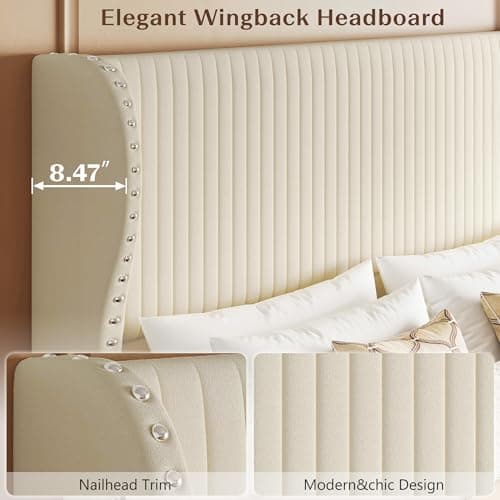 Belffin Queen Bed Frame with 55.1" Tall Headboard, Upholstered Soft Velvet Platform Bed with Nailhead Trim Wingback Design, Strong Wooden Slats, No Box Spring Needed, Noise-Free, Easy Assembly, White - Thumbnail 3