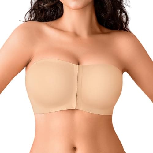 Front Closure Strapless Bras for Women Non-Slip Bandeau Wireless Push Up Padded Tube Top Seamless Supportive Bra, Skin-XL - Image 1