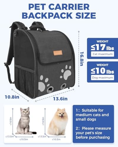 MOYSOON Cat Carrier Backpacks for Kitty Small Dog up to 15 lbs, Lightweight and Foldable Dog Backpack Carrier with Breathable mesh for Travel, Walking, Hiking, Camping and Vet (Black) - Thumbnail 2