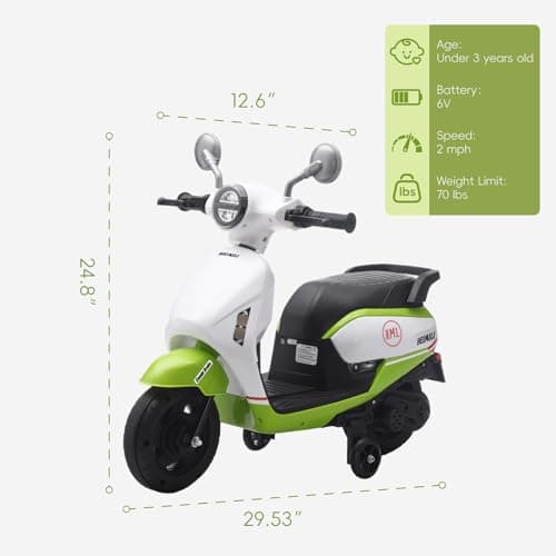 HEIMILI Toddler Motorcycle, Kids Electric Moped for Toddlers Age 1-3, 6V Toddler Ride On Scooter with Training Wheels, Music & Headlight, 2 MPH Kids Electric Motorcycle for Indoor & Outdoor(Green) - Thumbnail 5