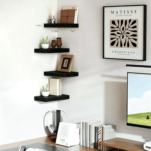Mifurn Floating Shelves Bathroom for Wall, Bathroom Shelves Over Toilet, Wall Shelves & Book Shelf, Hanging Shelf, Modern Wooden Wall-Mounted Small Floating Shelves, 12x7x1.5 in (Black, Set of 2) - Thumbnail 6