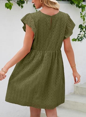 Dokotoo Beach Vacation Clothes for Womens 2026 Summer Casual Short Sleeve V Neck Swing Dress Flowy Cutout Ruffle Dress Trendy Gowns and Evening Dresses Spring Party Dresses Green X-Large - Thumbnail 3