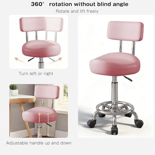 Walktory Vanity Chair with Back Small Armless Office Chair with Wheels and Footrest, PU Leather Adjustable Height Swivel Chair for Bedroom, Home Office Pink - Thumbnail 3