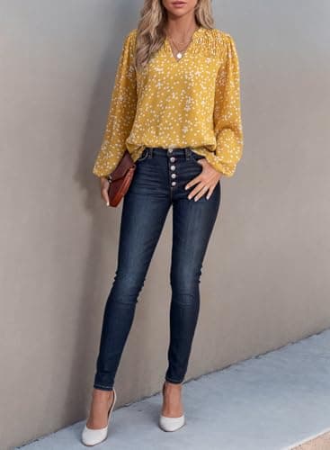 Dokotoo Womens Tops Spring Summer Blouses Boho Long Sleeve Shirts for Women Button Down V Neck Drawstring Babydoll Smocked Business Casual Outfits Ladies Elegant Blouses Plus Size Clothes Yellow XXL - Thumbnail 4