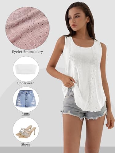 ATHMILE Womens Tank Tops Sleeveless Eyelet Embroidery Scoop Neck Loose Fit Casual Summer Flowy Beach White - Thumbnail 5