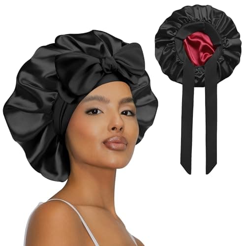 Vettres Hair Bonnet for Sleeping Satin Lined Sleep Cap Double Layer Silk Head Wrap for Curly Natural Hair Black Red - Image 1
