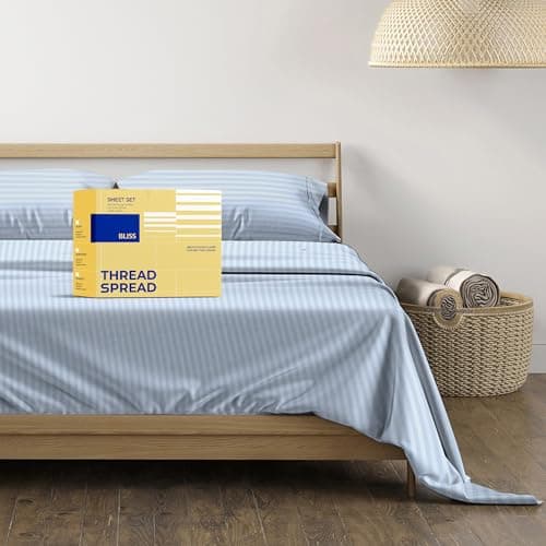 THREAD SPREAD Luxury Egyptian Cotton King Stripe Sheet Set, 600 Series Bliss Collection Extra Long Staple Set (4 PC, Navy Blue Stripe), King Damask Sheets, Soft, Cooling Sheets Upto 18" Deep Pocket - Image 1