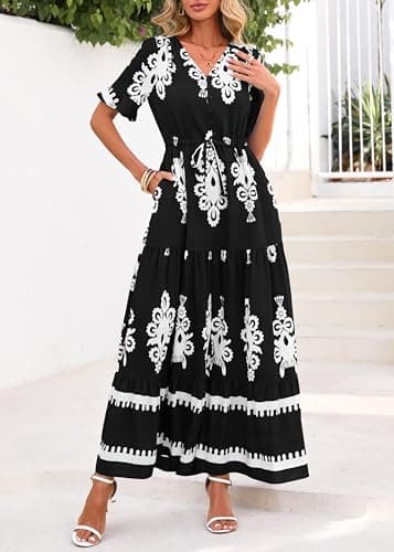 Lazysmile Summer Dresses for Women Short Sleeve V Neck Floral Drawstring Flowy A Line Boho Maxi Dress with Pockets Black - Thumbnail 6
