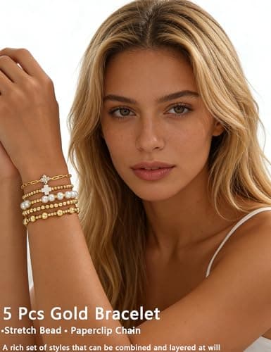 17 MILE Gold Beaded Bracelets for Women Non Tarnish, 14K Gold Plated Chunky Paperclip Chain Bracelet, Pearl Stackable Bangles, Cross Bead Ball Bracelet Stack - Thumbnail 2