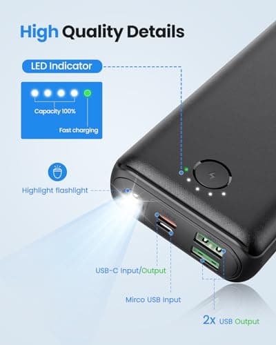DAOLOT Portable Charger Power Bank 30000mAh USB C 22.5W Fast Charging External Battery Pack PD QC4.0 with Flashlight 3 Outputs & 2 Inputs Battery Bank for iPhone Samsung Galaxy iPad etc (Black) - Thumbnail 5