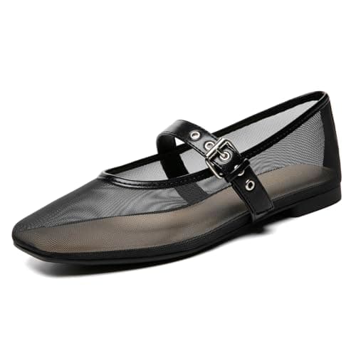 Rihero Mesh Flats for Women Black Ballet Flats Square Toe Ballerina Buckle Strap Mary Jane Shoes Size 5.5