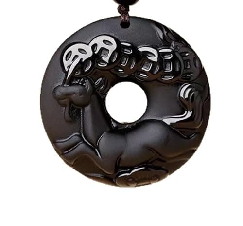 FUDIDU Horse Circle Pendant Black Obsidian Horse Necklace for Men Women, Chinese Zodiac Sign Pendant with Six-Word Mantra Bead & Glass Bead Chain, Handmade Carrying Coins Amulet, Spiritual Lucky Gift - Image 1