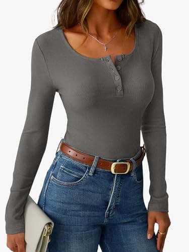 GKBK Ribbed Basic Tees Tshirts for Women Fitted Tight Long Sleeve Tops Dressy Casual Henley Tops Scoop Neck Cute Spring 2025 Trendy Outfits Clothes Dark Grey M - Thumbnail 3
