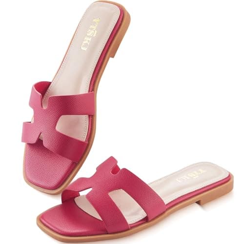 YTSKJ Sandals for Women 2026 Dressy Cute Summer Flat Slides Comfortable Soft Leather for Ladies Casual Square Open Toe Slip On Beach Sandals Rose Size 9 - Image 1
