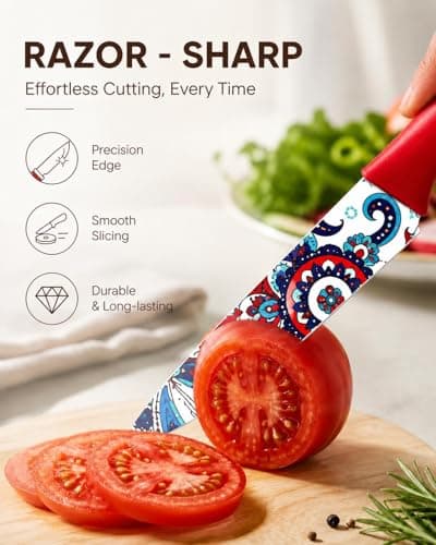 Astercook Paisley Pattern Knife Set with Cover, Dishwasher Safe Colorful Knives with 6 Knife Sheath, German Stainless Steel Rainbow Knife Set - Thumbnail 2