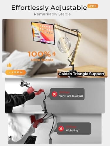 LISEN Tablet Stand iPad Stand for Desk Mount [Ultra Sturdy 2 Clamps] Kindle iPad Holder for Gooseneck Phone Tablet Holder Mount fits iPhone Kindle 4-13" Device Valenties Day Gifts for Women (Black) - Thumbnail 3