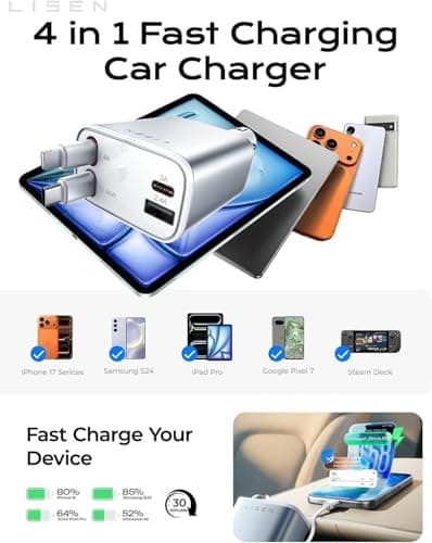 LISEN Retractable Car Charger for iPhone, for iPhone 17 Pro Max 16 15 14 13 12 Plus Mini, Cute 4 in 1 Retractable USB C Car Charger Fast Chareg for Women Men, 84W Fast Charging Car Accessorie - Thumbnail 6