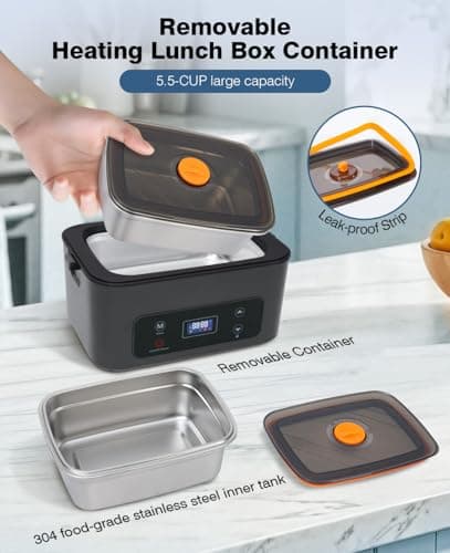 SKEOS Cordless Electric Lunch Box for Adults, Heated Lunch Box Battery Powered with 5 Side Heating, Portable Food Warmer with 5.5 Cups Removable Container, Self-Heating Food Warmer for Work,GreyBlack - Thumbnail 5