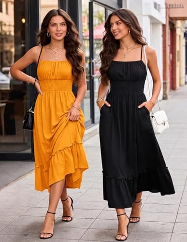 GRACE KARIN Women's Summer Maxi Dress 2026,Smocked Ruched Bust Sundress with Adjustable Straps & Pockets Mustard Yellow XL - Thumbnail 6