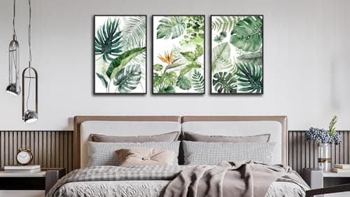 Large Framed Botanical Wall Art Canvas Prints Set of 3, Tropical Plants Pictures Foliage Bird of Paradise Art, Green Leaf Bohemian Painting Artwork for Living Room Bedroom Office Decor 24"x36"x3 - Thumbnail 3