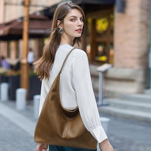 JueiXeoy Leather Hobo Bags for Women Slouchy Tote Bag Retro PU Leather Purse Soft Shoulder Handbags Large Work Tote Bag 2pcs Khaki - Thumbnail 2