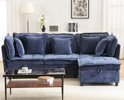 fanzutuz Modular Sectional Sofa, 102.5" L-Shaped Cloud Couch with Storage, 4-Seater Deep Seat Couch with Tufted Cushions & Removable Pillows, Comfy Chenille Couches for Living Room, Blue - Thumbnail 3