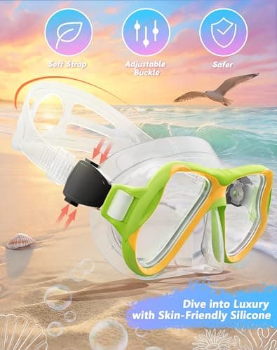 Greatever Snorkeling Gear for Kids, Dry Snorkel Set Panoramic View Snorkel Mask, Anti-Fog Scuba Diving Mask for Kids Youth Age 6-14, Unisex Swimming Goggles (Green Orange) - Thumbnail 3