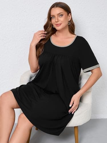 AusLook Plus Size Women's Nightgown 4X Black Short Sleeve Sleep Dress Sleepwear Soft Sleepshirts Pleated Scoopneck Nightshirt Sleep shirts with Pockets - Thumbnail 6
