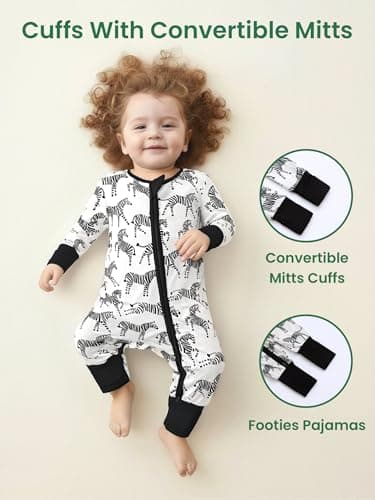 NewSeed Unisex Infant Neutral Zipped Footies, Viscose from Bamboo 2-Way Zipper Romper Outfit, 0-24 Months One-piece Jumpsuit (Zebra, 9-12M) - Thumbnail 4