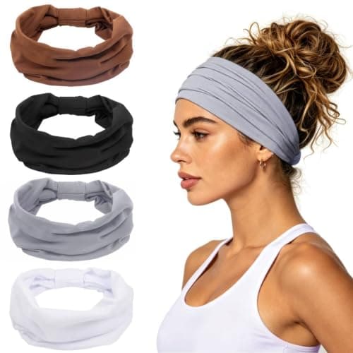 4PCS Headbands for Women, Non Slip Workout Headband Wide Sport Head Bands, Stretchy Headbands for Women’s Hair, Thick Elastic Head Bands Sport Sweat Bands, Knotted Hairbands for Yoga Gym Washing Face - Image 1