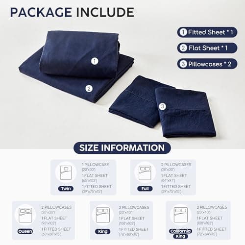 Tokokimo King Sheet Set 4 Piece, Super Soft Washed Cotton-Linen Feel Microfiber, 16" Deep Pocket Fitted Sheet, 1 Flat Sheet, 2 Pillowcases, Breathable Bed Sheets, Navy Blue - Thumbnail 6