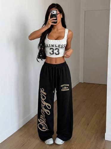 ZAFUL Womens Wide Leg Sweatpants Y2K Gothic Graffiti High Waisted Lounge Pants Athletic Joggers Pants with Pockets 7-Black&Leopard Black XXL - Thumbnail 4