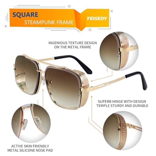 FEISEDY Sunglasses Mens Women Vintage Aviator Square Trendy Metal Steampunk Fishing Driving Sun Glasses B2894 - Thumbnail 6