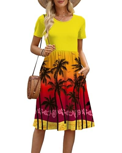 COSSEN Women's 2026 Summer Midi Dress Yellow Trees XX-Large Crew Neck Short Sleeve Casual Tshirt Sundress with Pockets Flowy Loose - Image 1