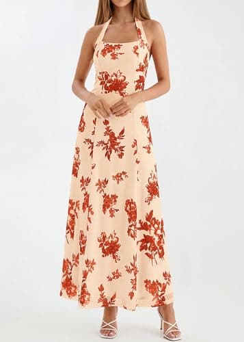 KIRUNDO Women's Summer Sleeveless Halter Floral Maxi Dress 2026 Beach Wedding Guest Cocktail Mesh Flowy A Line Long Sundress(Apricot, XX-Large) - Thumbnail 3