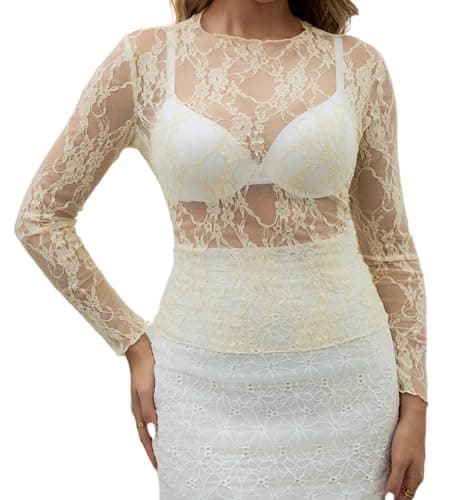 Enyprok Women's Mesh Top Long Sleeve Mock Neck Sheer Blouse See Through Floral Lace Tops Champagne 2X Large - Image 1