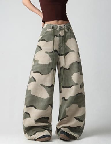 MaxOpen Camo Cargo Pants for Women Mid Waist Wide Leg Camouflage Army Fatigue Jean Y2k Hip Hop Baggy Trouser Streetwear Green - Thumbnail 4