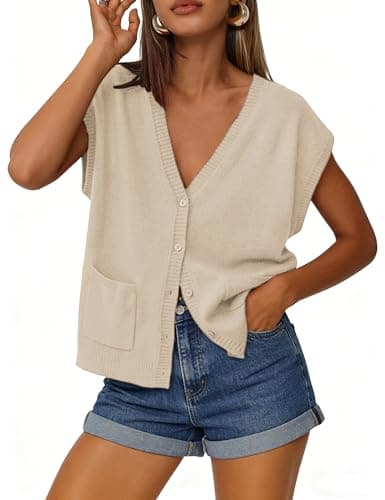 Yeokou Women's V Neck Knit Vest Top Casual Spring Summer Outfits Button Down Short Sleeve Cardigan Sweater with Pockets(Apricot-S) - Image 1