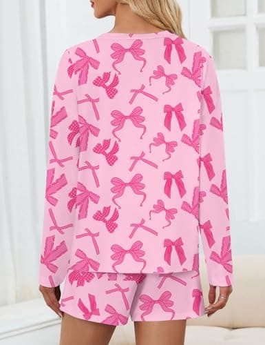JUSTFASHIONNOW Womens Pajama Sets Long Sleeve Top and Split Shorts Bow Print Two Piece Lounge Set Cozy Loungewear Crew Neck Sleepwear Soft Pjs Fall Winter Cute Outfits (Pink, Small) - Thumbnail 5