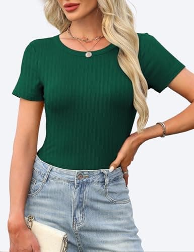 GKBK Womens Short Sleeve Tops Crew Neck Ribbed Fitted Tight Shirts Layering Top Basic Tee Tshirts Cute Summer Tops Casual Spring Clothes Outfits 2026 Trendy Dark Green - Thumbnail 5