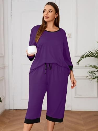 AusLook Women’s Plus Size Pajama Sets Purple 2X Soft 3/4 Sleeve Nightwear Top and Capri Pants Lounge Set with Pockets - Thumbnail 3
