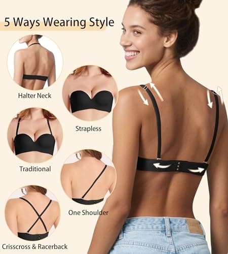ZYQEXA Strapless Bras for Women with Support - Womens Underwire Push Up Plunge Halter Racerback Bralette Full Coverage Seamless Non Slip Workout Sexy Tshirt Convertible Bra, Black, 34A - Thumbnail 2