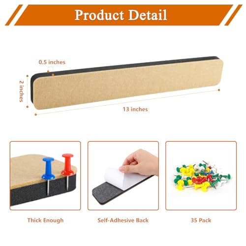 HULAVO 8Pcs Rectangle Felt Cork Board Bar Strips with 35 Pushpins, Self-Adhesive Bulletin Board Strips for Office School Home Wall Decor Stickers Memos Schedules Photos Display -Black - Thumbnail 4