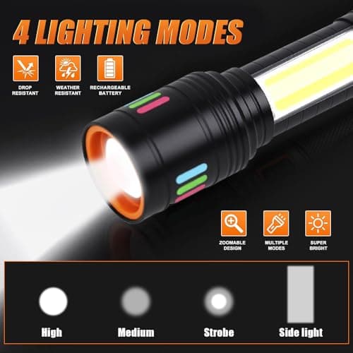 Jercoda Flashlight Rechargeable,Aluminum Handheld Rechargeable Flashlight High Lumens for Home & Outdoor,1000 Lumens Led Flashlight with COB Light & LCD Display,IPX4 Waterproof Tactical Flashlight - Thumbnail 4