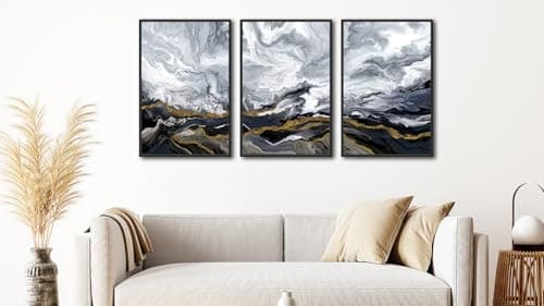 Large Framed Modern Wall Art - Abstract Landscape Cloudy Mountain Wall Decor 24"x36" Set of 3 Contemporary Grey Dark Painting Prints Marble Canvas Pictures for Living Room Bedroom Office Artwork - Thumbnail 2