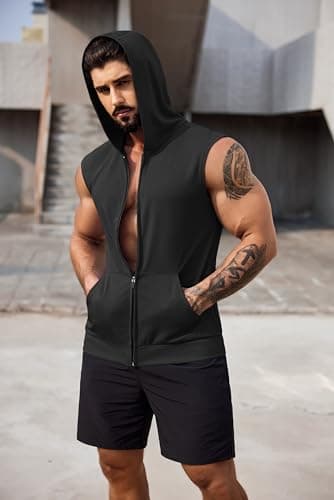 COOFANDY Men's Workout Tank Tops 2 Pack Sleeveless Running Bodybuilding Zip Up Hoodies White Gym Casual Tee Black - Thumbnail 3