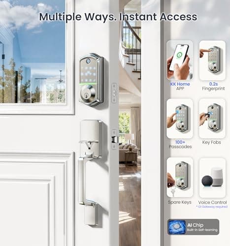 Veise VE017-D Smart Fingerprint Front Door Lock Set, App Control, 8-in-1 Keyless Entry Deadbolt with Lever Handle, Touchscreen Keypad, IP55 Weatherproof, Auto Lock, Easy Install, Satin Nickel - Thumbnail 3